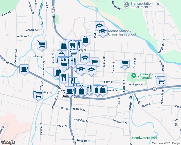 map of restaurants, bars, coffee shops, grocery stores, and more near 213 Gage Street in Bennington