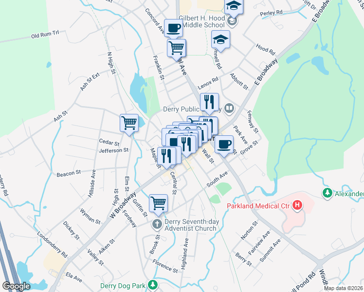 map of restaurants, bars, coffee shops, grocery stores, and more near 16 Manning Street in Derry