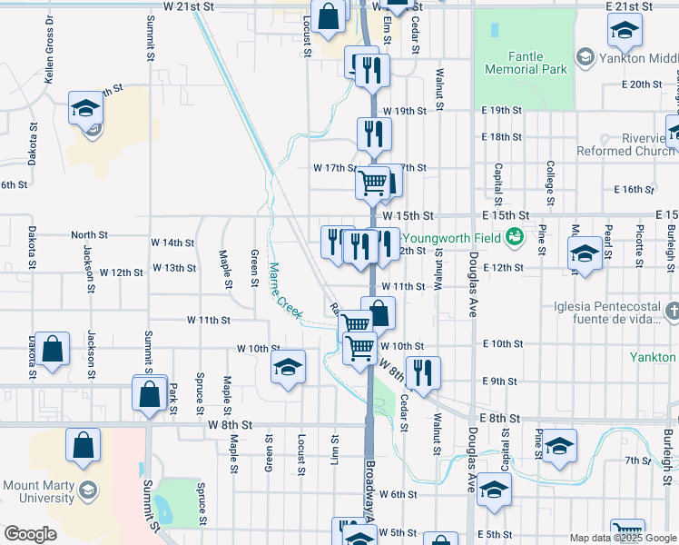 map of restaurants, bars, coffee shops, grocery stores, and more near 1101 Broadway Avenue in Yankton