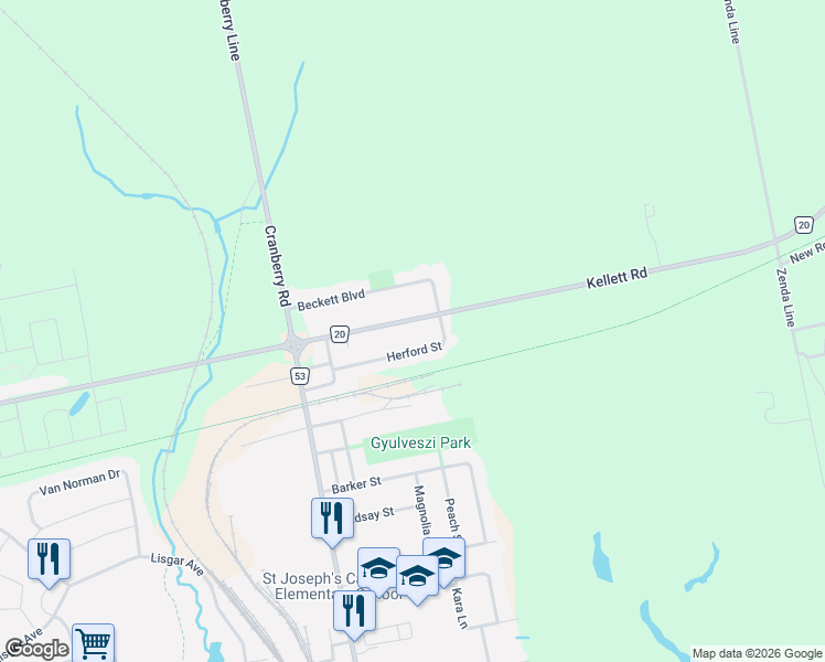 map of restaurants, bars, coffee shops, grocery stores, and more near 217 North Street East in Tillsonburg