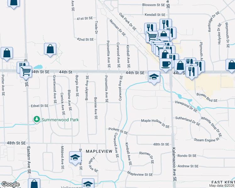 map of restaurants, bars, coffee shops, grocery stores, and more near 4501 Curwood Avenue Southeast in Kentwood