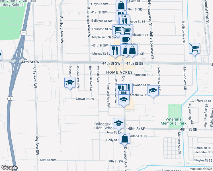 map of restaurants, bars, coffee shops, grocery stores, and more near 4510 Walton Avenue in Grand Rapids