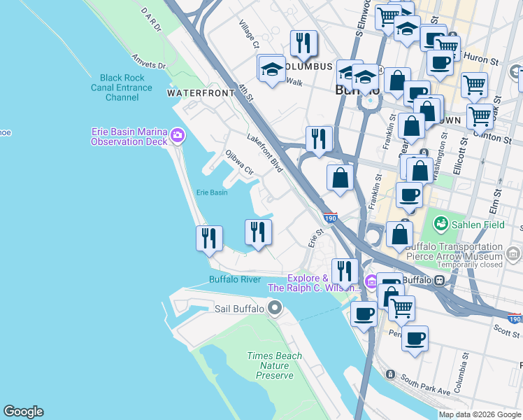 map of restaurants, bars, coffee shops, grocery stores, and more near 40 Waterfront Circle in Buffalo