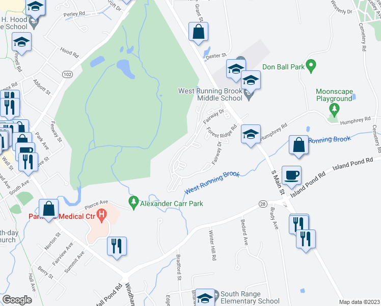 map of restaurants, bars, coffee shops, grocery stores, and more near 8 Fairway Drive in Derry