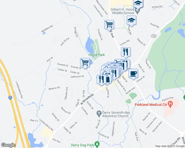 map of restaurants, bars, coffee shops, grocery stores, and more near 29 1/2 Maple Street in Derry