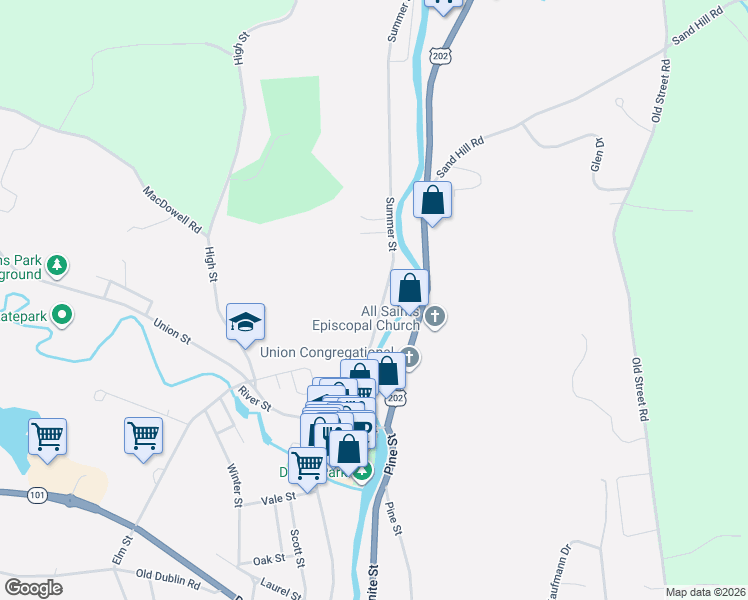 map of restaurants, bars, coffee shops, grocery stores, and more near 24 Summer Street in Peterborough