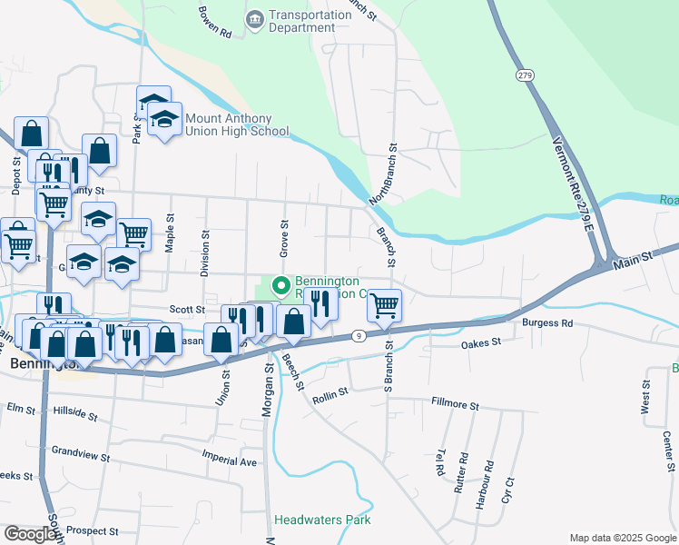 map of restaurants, bars, coffee shops, grocery stores, and more near 207 Bradford Street in Bennington