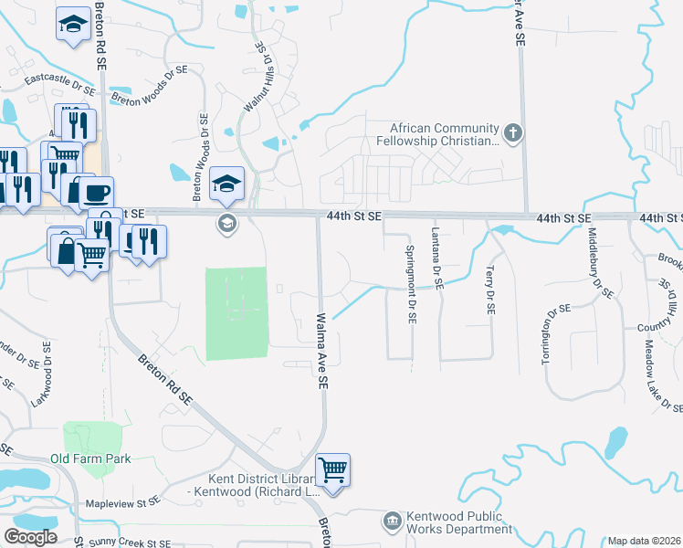 map of restaurants, bars, coffee shops, grocery stores, and more near 4507 Walma Avenue Southeast in Grand Rapids