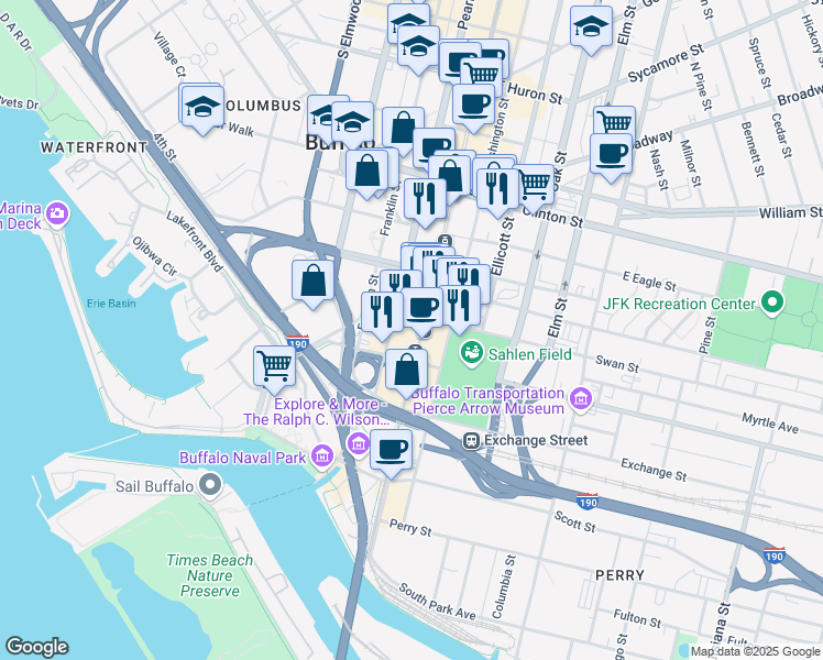 map of restaurants, bars, coffee shops, grocery stores, and more near 290 Main Street in Buffalo