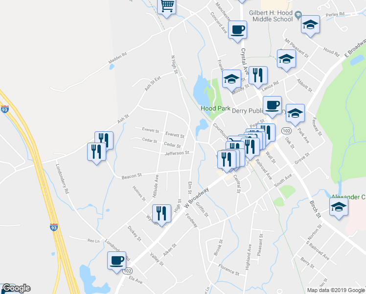 map of restaurants, bars, coffee shops, grocery stores, and more near 39 High Street in Derry