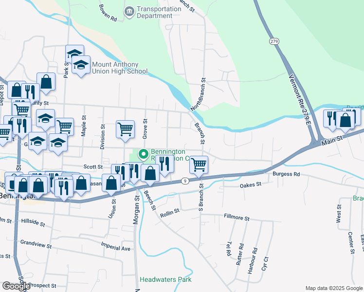 map of restaurants, bars, coffee shops, grocery stores, and more near 814 Gage Street in Bennington