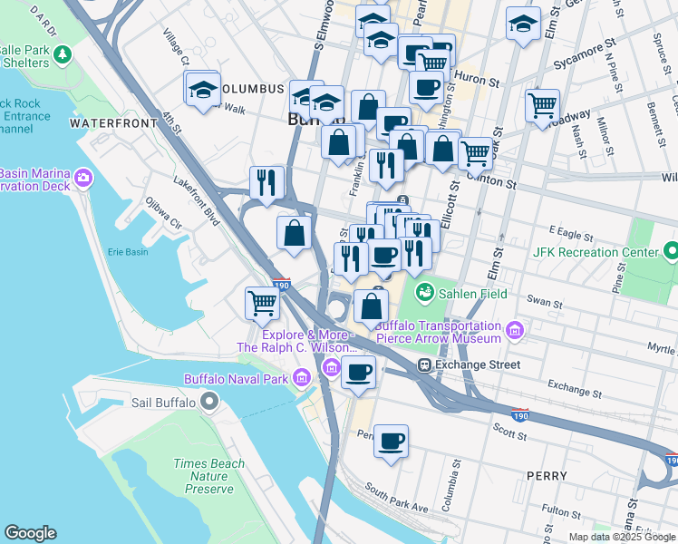 map of restaurants, bars, coffee shops, grocery stores, and more near 29 Erie Railroad in Buffalo