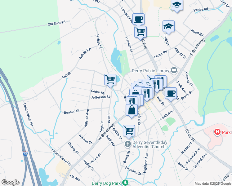 map of restaurants, bars, coffee shops, grocery stores, and more near 37 Maple Street in Derry