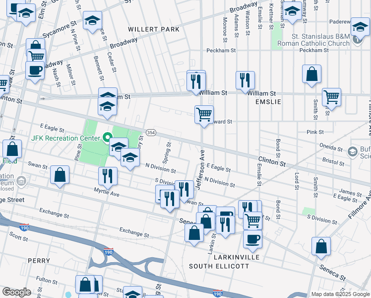 map of restaurants, bars, coffee shops, grocery stores, and more near 515 Clinton Street in Buffalo