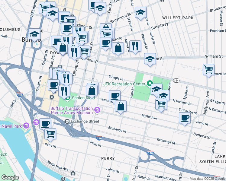 map of restaurants, bars, coffee shops, grocery stores, and more near 209 Ora Wrighter Drive in Buffalo