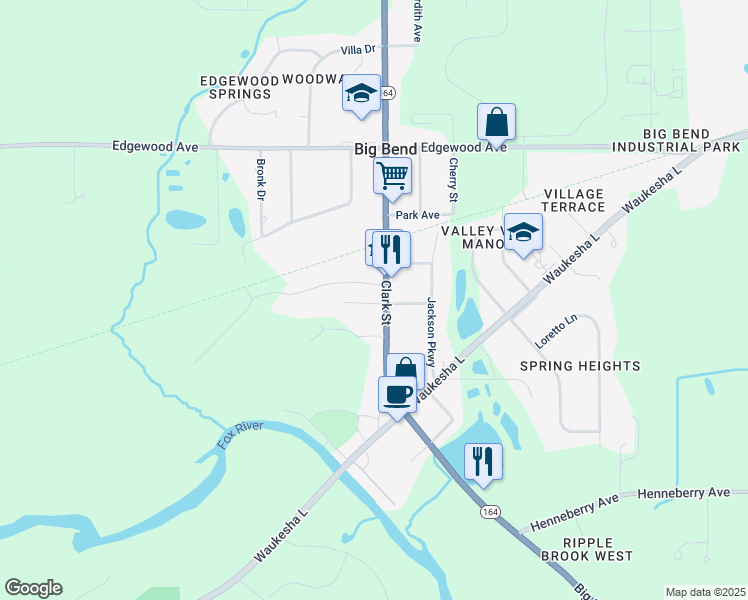 map of restaurants, bars, coffee shops, grocery stores, and more near W230S8945 Clark Street in Big Bend
