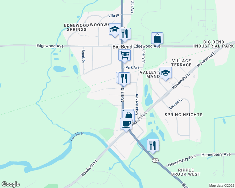 map of restaurants, bars, coffee shops, grocery stores, and more near W230S8945 Clark Street in Big Bend