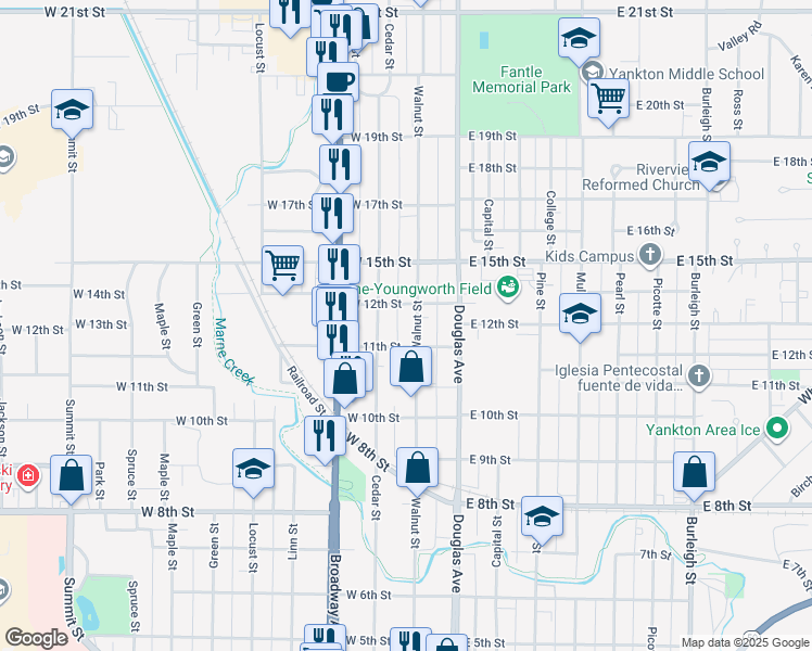 map of restaurants, bars, coffee shops, grocery stores, and more near 1100-1198 Walnut Street in Yankton