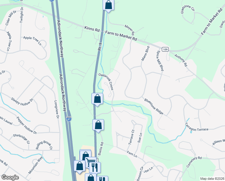 map of restaurants, bars, coffee shops, grocery stores, and more near 44 Oakbrook Commons in Saratoga County