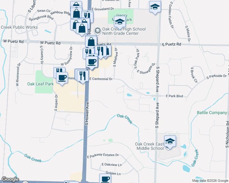 map of restaurants, bars, coffee shops, grocery stores, and more near 500 East Centennial Drive in Oak Creek