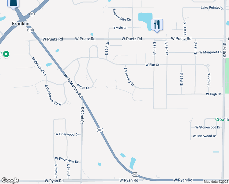 map of restaurants, bars, coffee shops, grocery stores, and more near 8823 Marshfield Court in Franklin