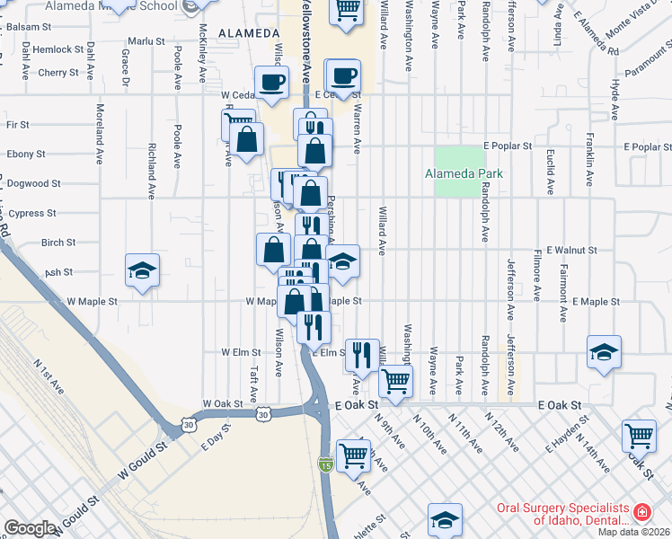 map of restaurants, bars, coffee shops, grocery stores, and more near 395 Pershing Avenue in Pocatello