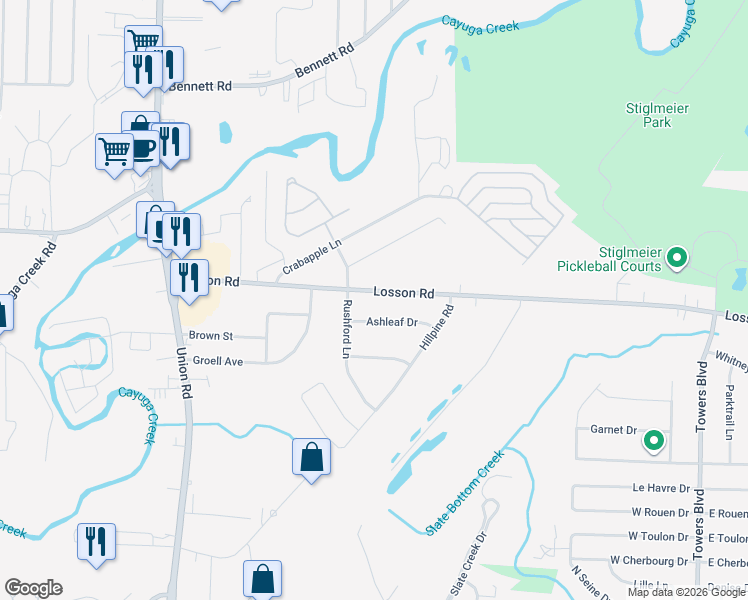 map of restaurants, bars, coffee shops, grocery stores, and more near 159 Losson Road in Buffalo