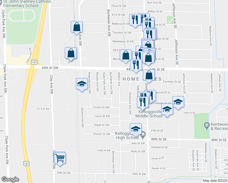 map of restaurants, bars, coffee shops, grocery stores, and more near 4522 Buchanan Avenue Southwest in Wyoming