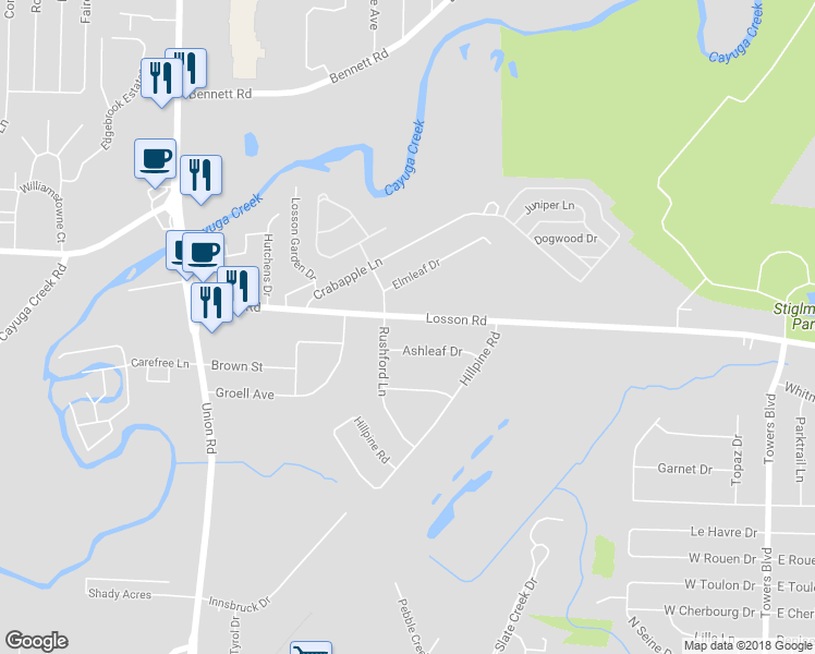 map of restaurants, bars, coffee shops, grocery stores, and more near 159 Losson Road in Buffalo