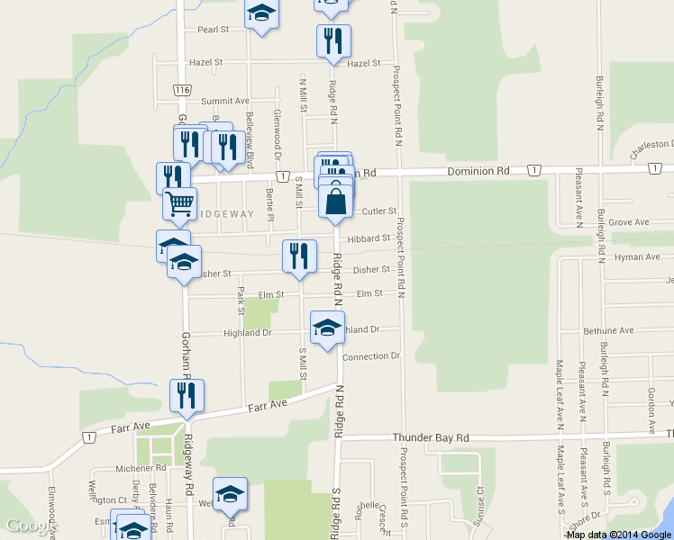 map of restaurants, bars, coffee shops, grocery stores, and more near 264 Ridge Road North in Fort Erie