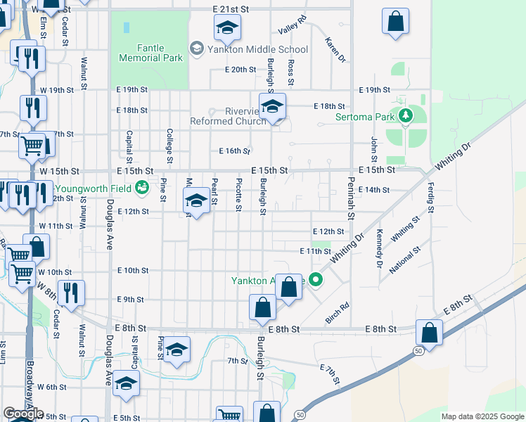 map of restaurants, bars, coffee shops, grocery stores, and more near 1301 Burleigh Street in Yankton