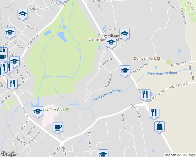 map of restaurants, bars, coffee shops, grocery stores, and more near 8 Fairway Drive in Derry
