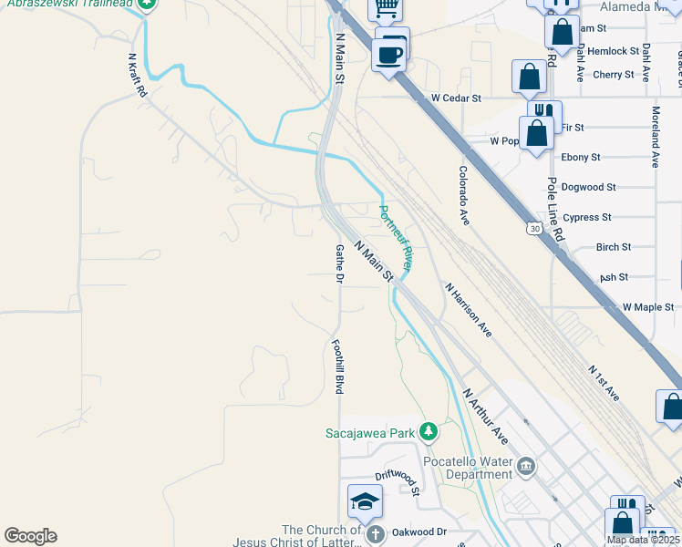 map of restaurants, bars, coffee shops, grocery stores, and more near 8354 North Gathe Road in Pocatello