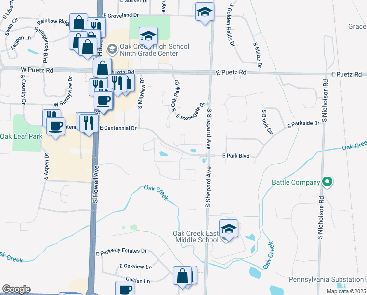 map of restaurants, bars, coffee shops, grocery stores, and more near 500 East Centennial Drive in Oak Creek