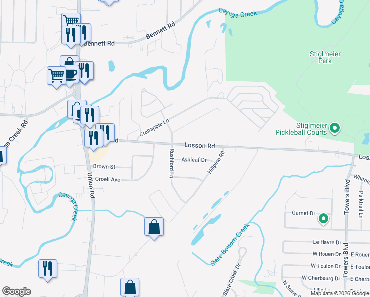 map of restaurants, bars, coffee shops, grocery stores, and more near 159 Losson Road in Buffalo