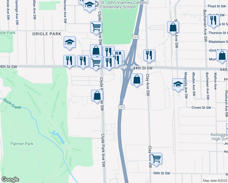 map of restaurants, bars, coffee shops, grocery stores, and more near 4500 Clyde Park Avenue Southwest in Wyoming