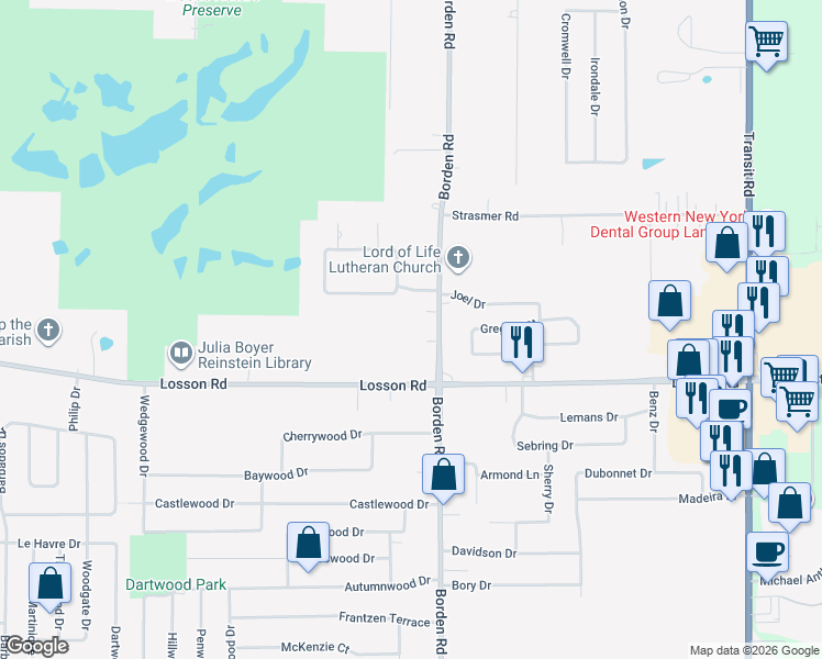 map of restaurants, bars, coffee shops, grocery stores, and more near 988 Borden Road in Depew