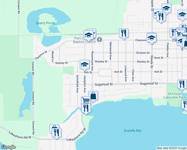 map of restaurants, bars, coffee shops, grocery stores, and more near 131 Rosemount Avenue in Port Colborne