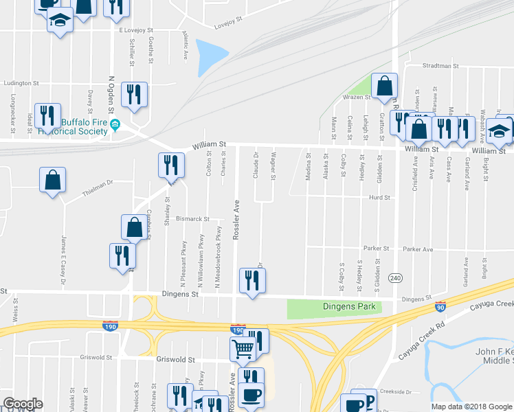 map of restaurants, bars, coffee shops, grocery stores, and more near 144 Claude Drive in Buffalo