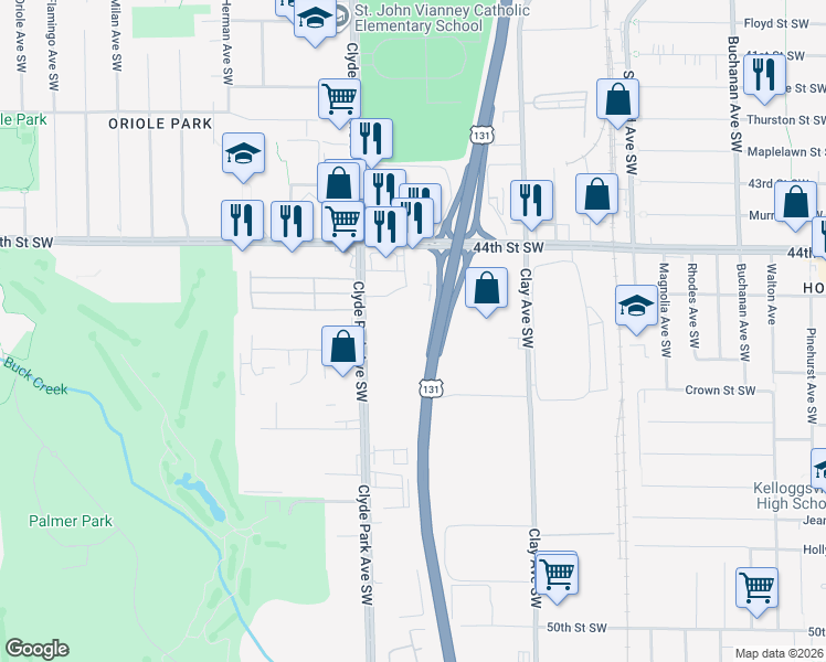 map of restaurants, bars, coffee shops, grocery stores, and more near 4500 Clyde Park Avenue Southwest in Wyoming