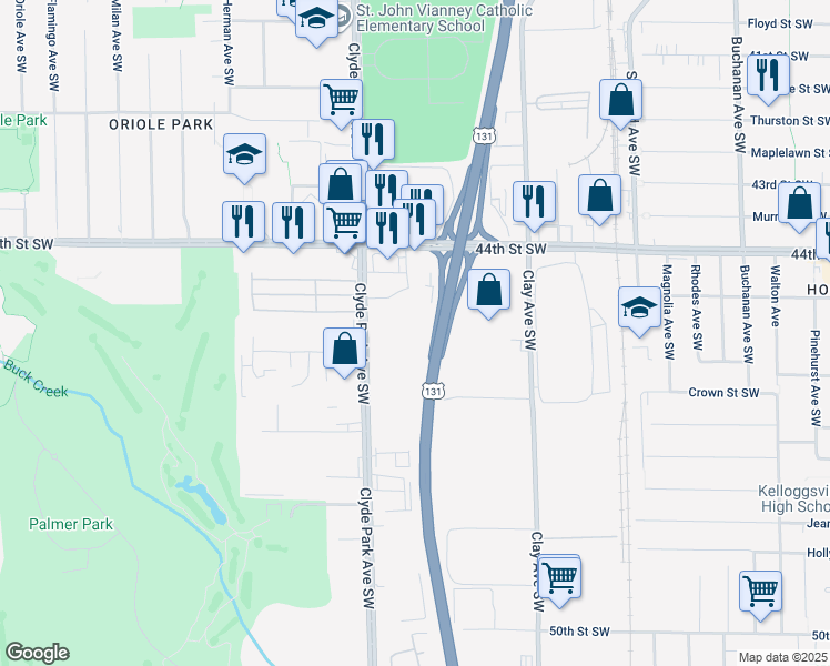 map of restaurants, bars, coffee shops, grocery stores, and more near 4500 Clyde Park Avenue Southwest in Wyoming