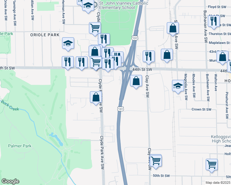 map of restaurants, bars, coffee shops, grocery stores, and more near 4500 Clyde Park Avenue Southwest in Wyoming