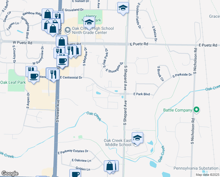 map of restaurants, bars, coffee shops, grocery stores, and more near 500 East Centennial Drive in Oak Creek