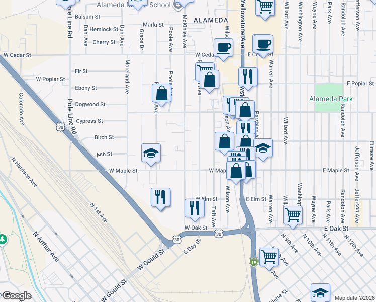 map of restaurants, bars, coffee shops, grocery stores, and more near 366 McKinley Avenue in Pocatello