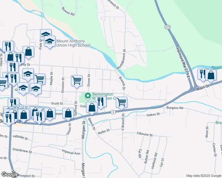 map of restaurants, bars, coffee shops, grocery stores, and more near 814 Gage Street in Bennington