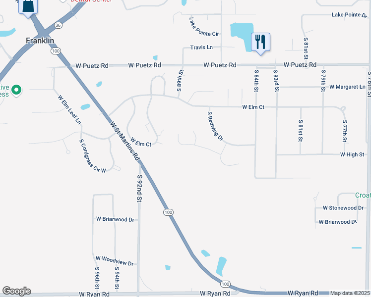 map of restaurants, bars, coffee shops, grocery stores, and more near 8823 Marshfield Court in Franklin