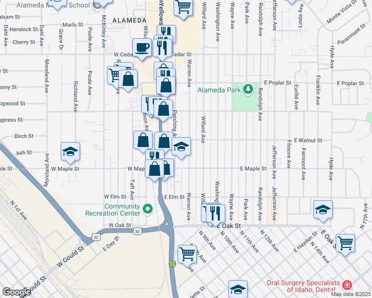 map of restaurants, bars, coffee shops, grocery stores, and more near 373 Warren Avenue in Pocatello
