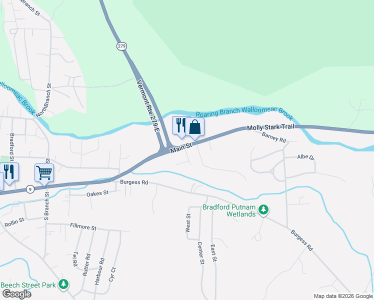 map of restaurants, bars, coffee shops, grocery stores, and more near 1089 Main Street in Bennington