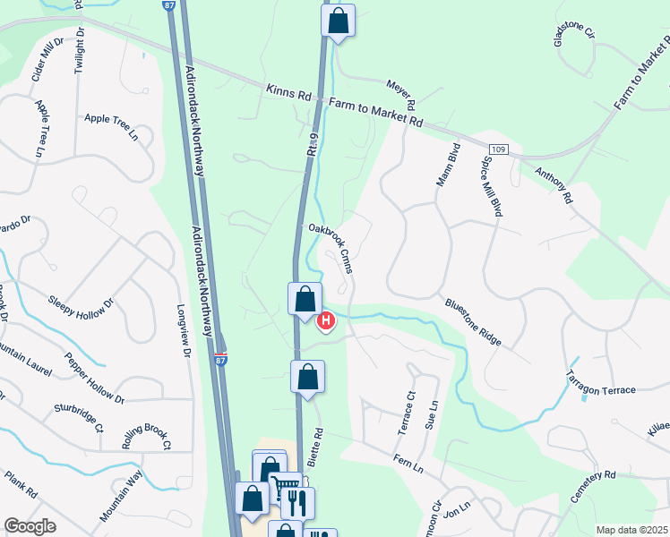 map of restaurants, bars, coffee shops, grocery stores, and more near 97 Oakbrook Commons in Saratoga County