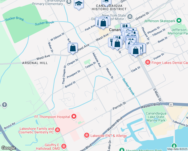 map of restaurants, bars, coffee shops, grocery stores, and more near 159 Bristol Street in Canandaigua